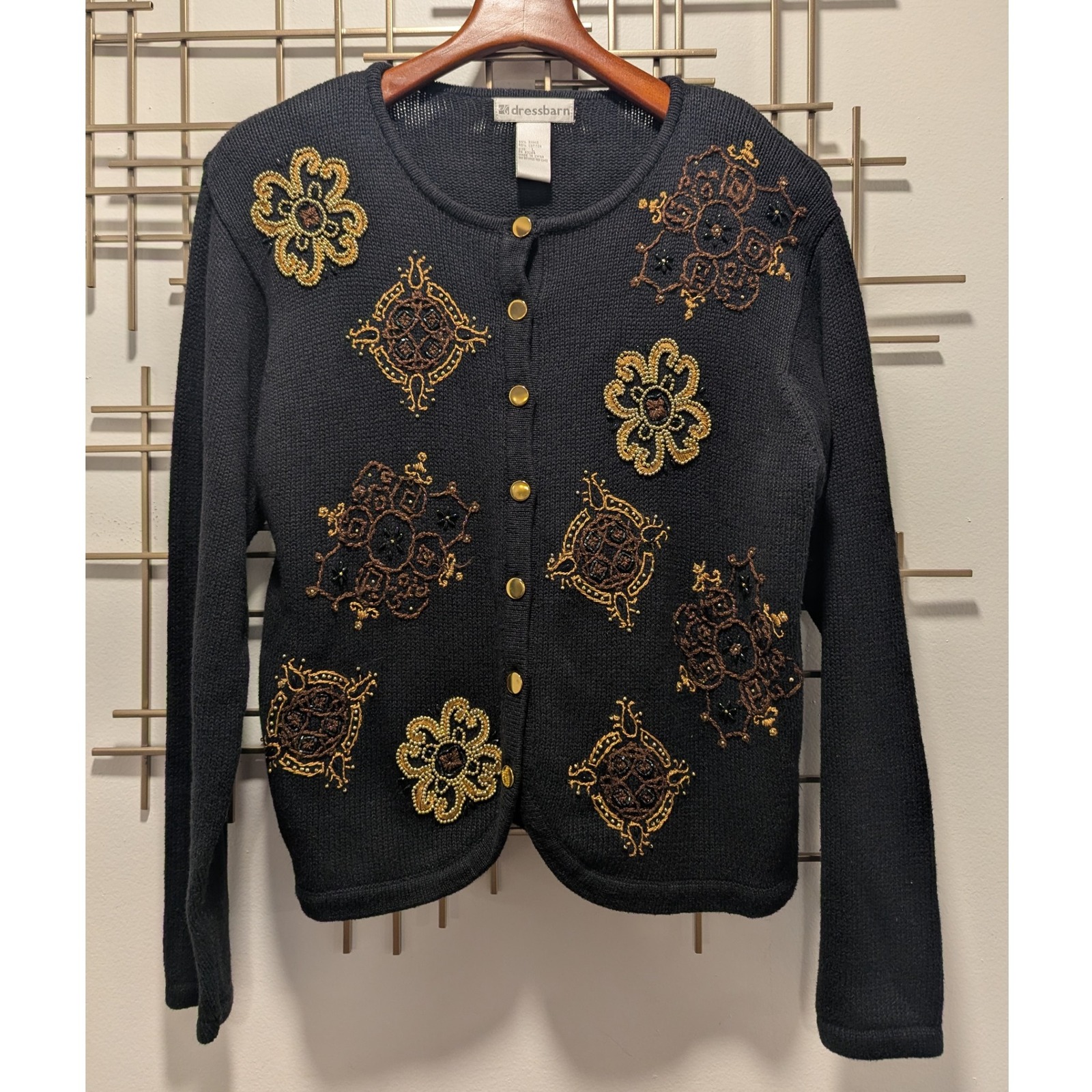 Vtg 90's Embellished Cardigan Sweater Black Gold Beaded Button Front Women's L